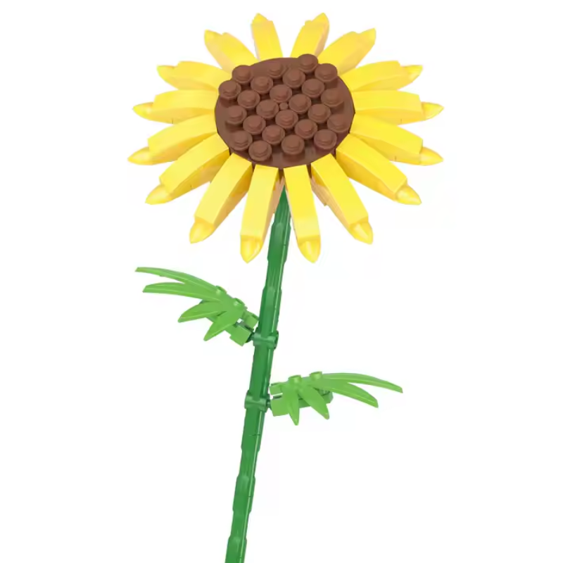 Bricks Box Flowers sunflower made from LEGO-style bricks, featuring bright yellow petals and a dark brown center with a green stem.