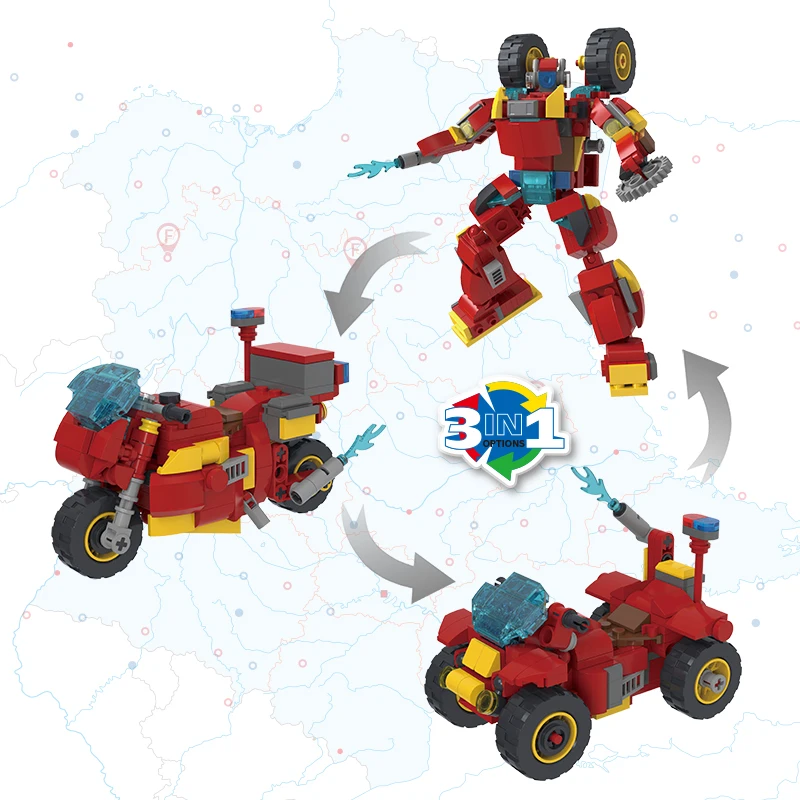 Video still of Bricks Box Creative 3-in-1 set showing LEGO-style robot, buggie, and bike models being built and displayed.