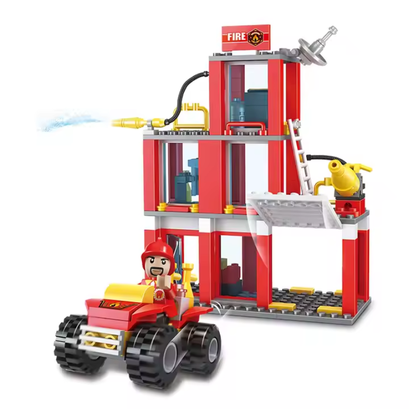 Bricks Box City Fire Station and Truck set with LEGO-style fire station building, fire truck, and firefighter mini figures.