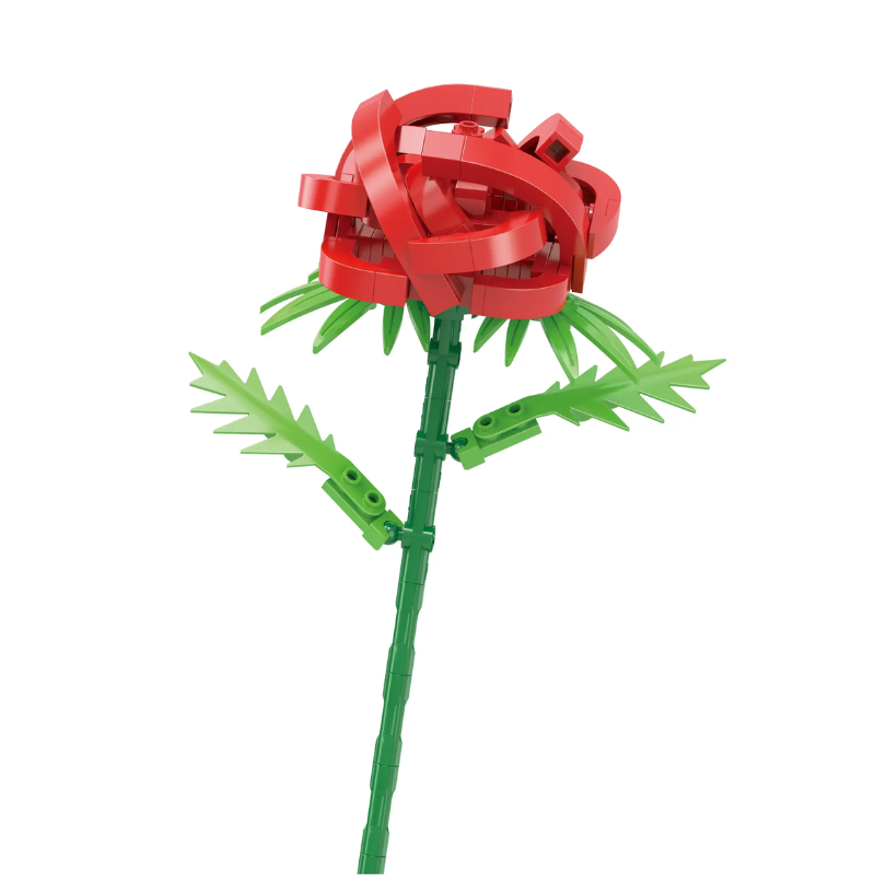 Bricks Box Flowers red LEGO-style flower with layered petals and green stem, designed for creative bouquet building.