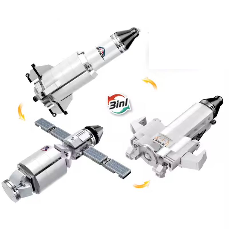 Image of Bricks Box Creative set featuring LEGO-style satellites, rockets, and space accessories being built and displayed.