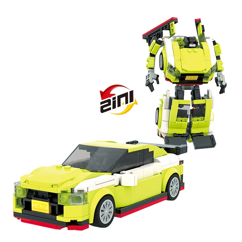 Image of Bricks Box Creative set showing a LEGO-style robot transforming into a sports car with articulated parts.