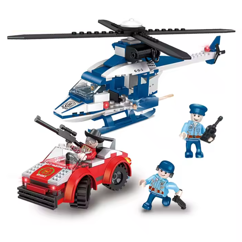LEGO-style Bricks Box City set featuring police officers, robbers, police car, and getaway vehicle in a city scene.
