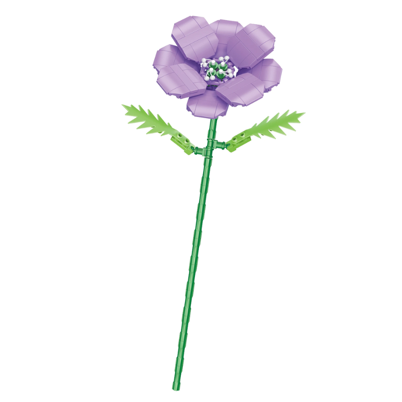 Bricks Box Flowers individual purple flower built from LEGO-style bricks with detailed petals and stem.
