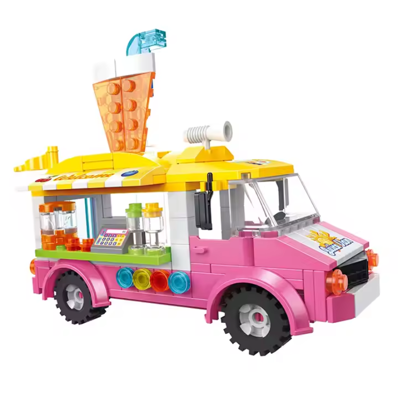 Bricks Box Friends Ice Cream Van set with LEGO-style ice cream truck, mini figures, and dessert-themed accessories.