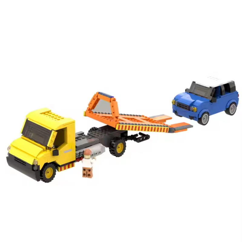 Bricks Box City flatbed tow truck built from LEGO-style bricks, featuring a tilting ramp and mini figure in a city scene.