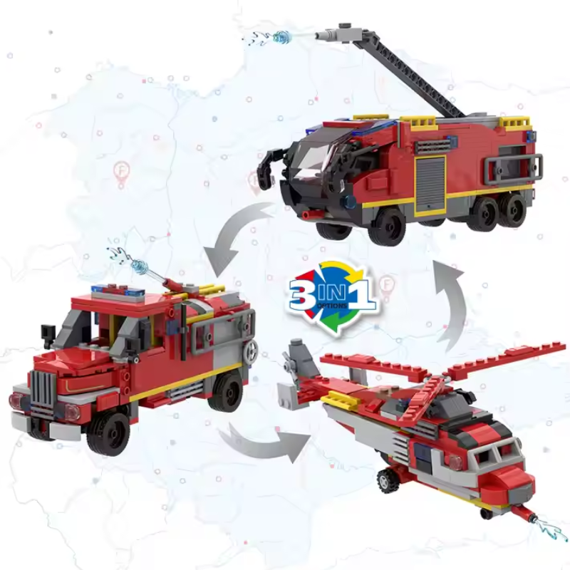 Video still of Bricks Box Creative set with LEGO-style rescue helicopter and two emergency trucks being built and displayed.