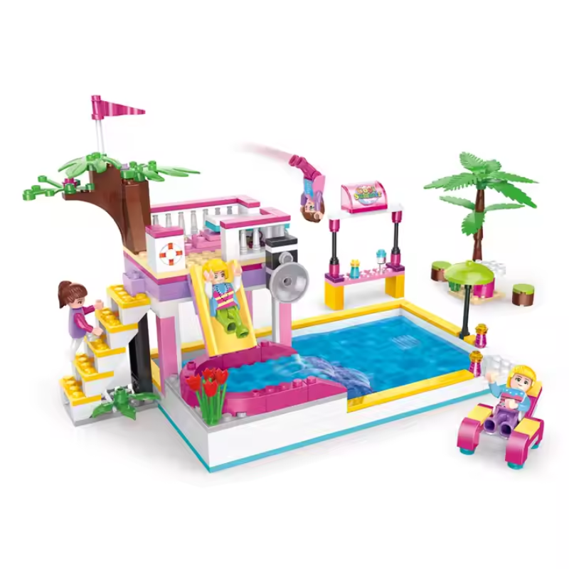 LEGO-style Bricks Box Friends Pool Party set with mini figures, pool, loungers, and colorful accessories.