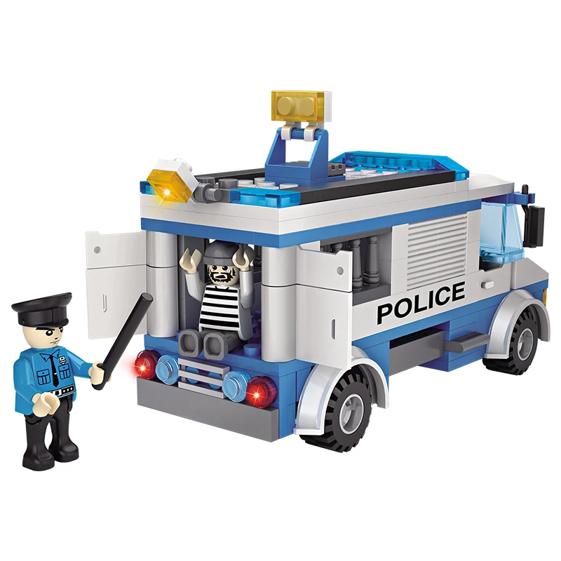 Bricks Box City police van built from LEGO-style bricks, shown with police mini figure and accessories in a city setting.