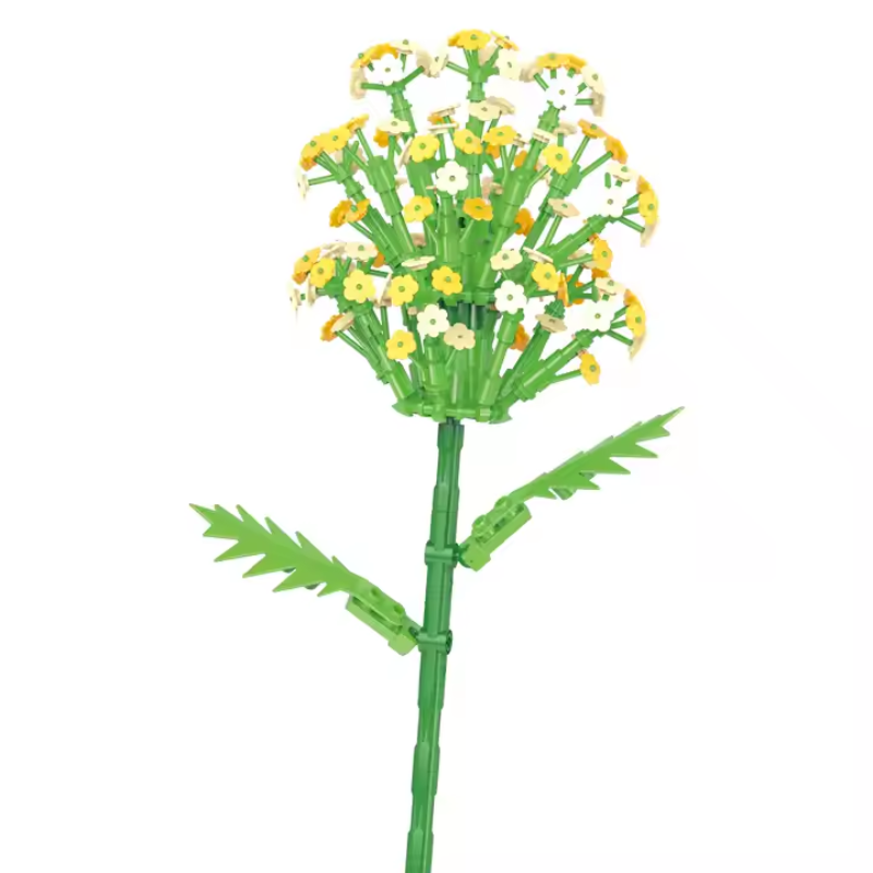 Bricks Box Flowers set featuring two small yellow and white LEGO-style brick flowers with green stems and simple petal designs.