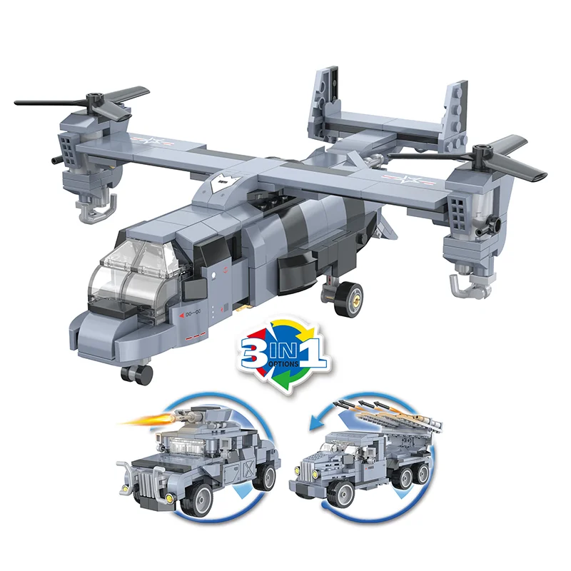 Video still of Bricks Box Creative 3-in-1 set with LEGO-style aircraft carrier, tank, and transport truck being built and displayed.