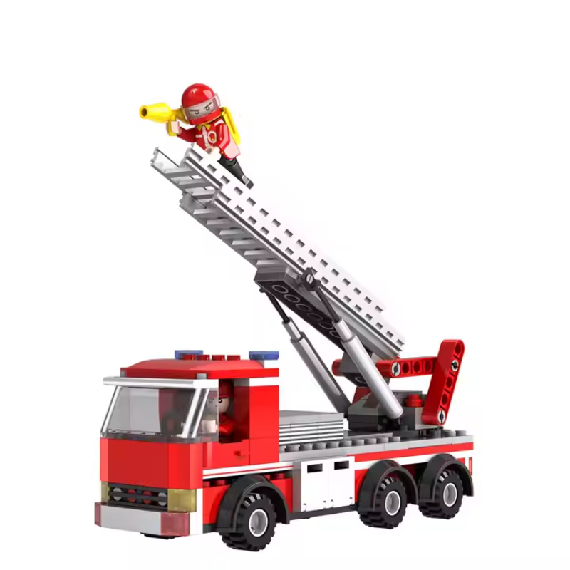Bricks Box City Fire Engine set with LEGO-style fire truck, firefighter mini figure, and rescue accessories.