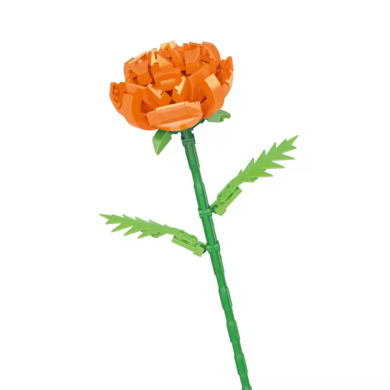 Bricks Box Flowers orange carnation built from LEGO-style bricks with ruffled petal design and green stem.