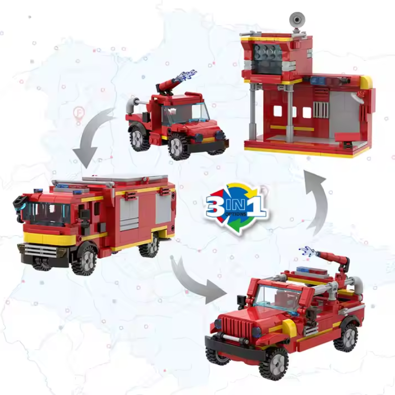 Video still of Bricks Box Creative 3-in-1 fire rescue set with LEGO-style fire truck, fire engine, and fire station being built and showcased.