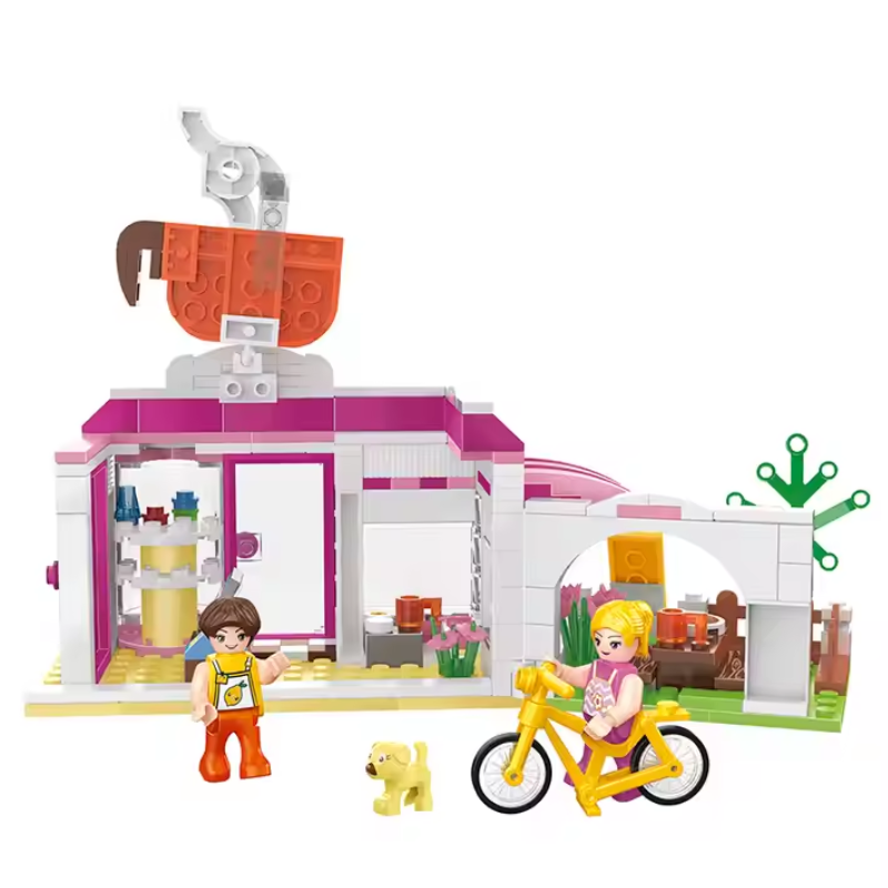 Image of the Bricks Box Friends City Café Playset, showing a colorful café scene with tables, accessories, and characters built using LEGO-compatible bricks.
