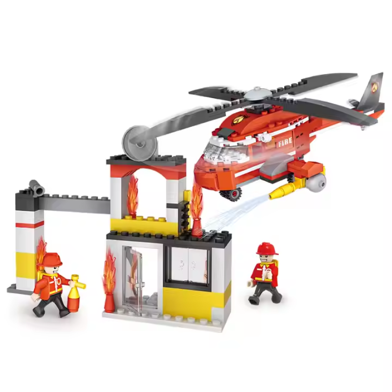 Bricks Box City Fire Helicopter set with LEGO-style helicopter, spinning blades, water cannons, and firefighter mini figure.