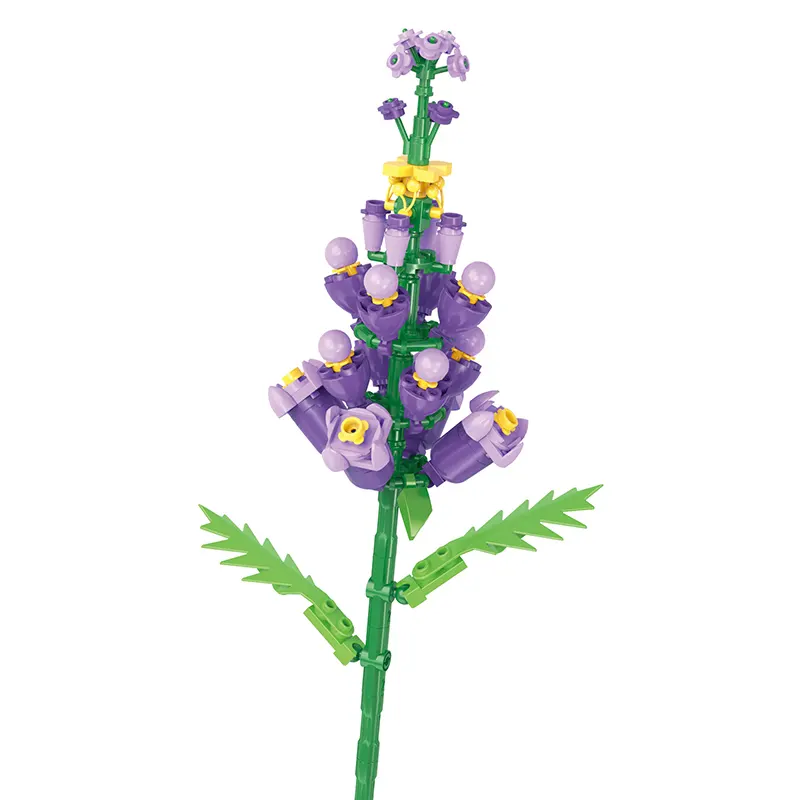 Bricks Box Flowers individual purple flower built from LEGO-style bricks with detailed petals and stem.
