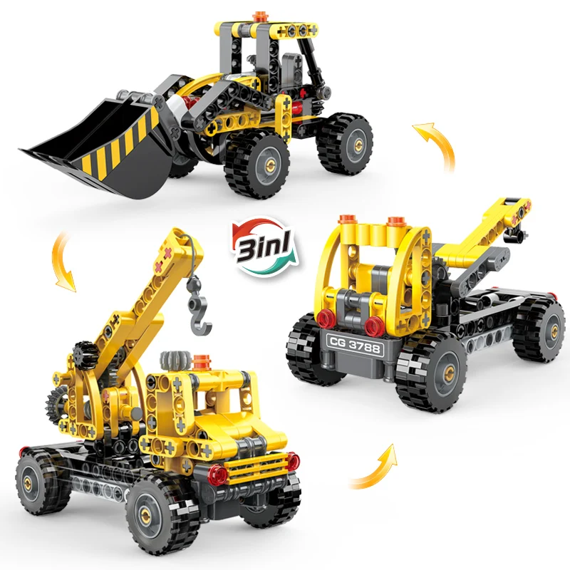 Still of Bricks Box Creative 3-in-1 set featuring LEGO-style rescue truck, construction digger, and mechanical lifter builds.