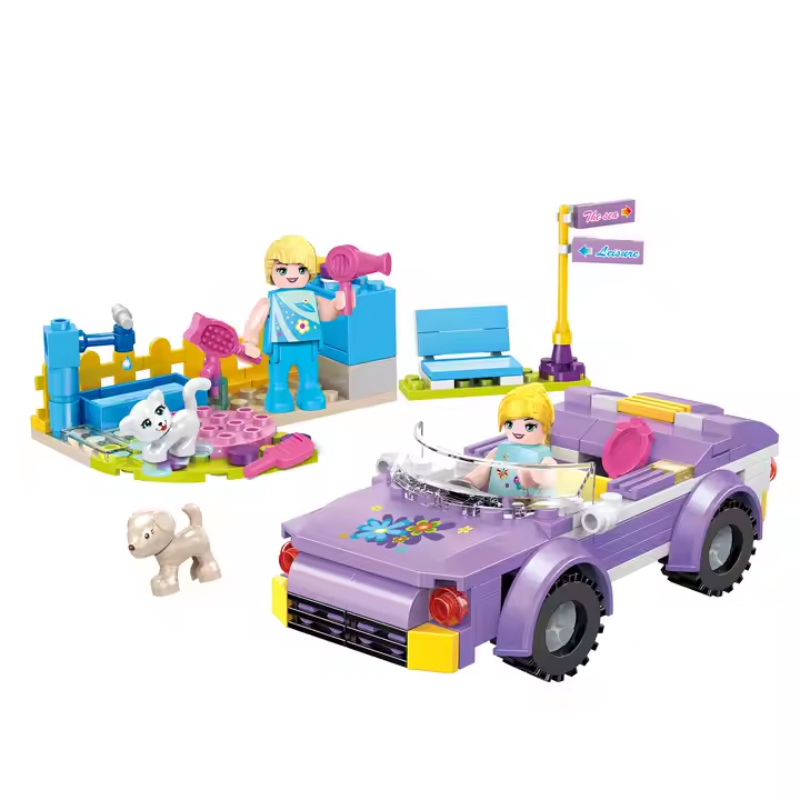 Bricks Friends set featuring a LEGO-style beauty salon, convertible car, and mini figures with styling accessories.