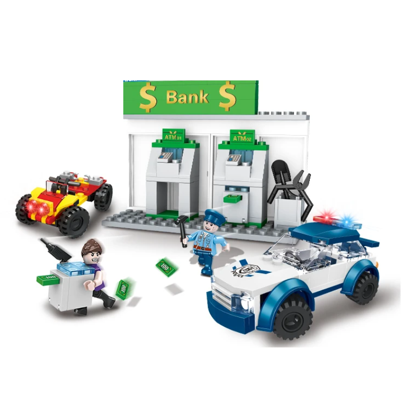 Bricks Box City Bank Heist set with LEGO-style brick bank, robber mini figure, police figure, and getaway accessories.