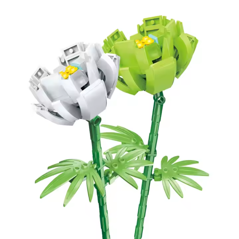 LEGO-style Bricks Box flower in green and white, resembling a stemmed bloom with detailed brick petals and leaves.