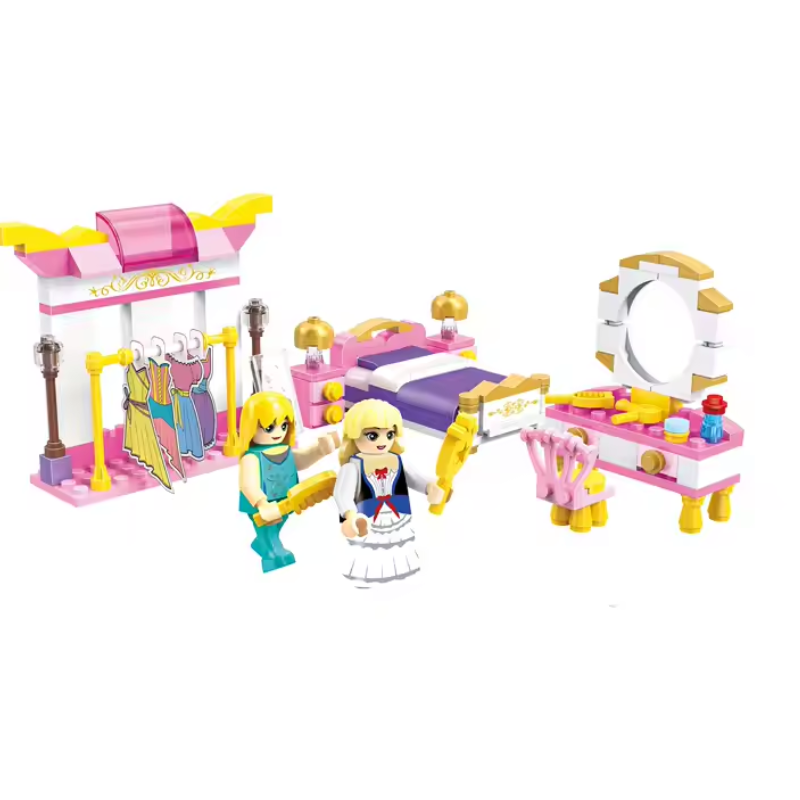 Image of a Princess Castle Bedroom building set from the Bricks Box Friends range, featuring a royal bed, decorative elements, and accessories, built with LEGO-compatible bricks.