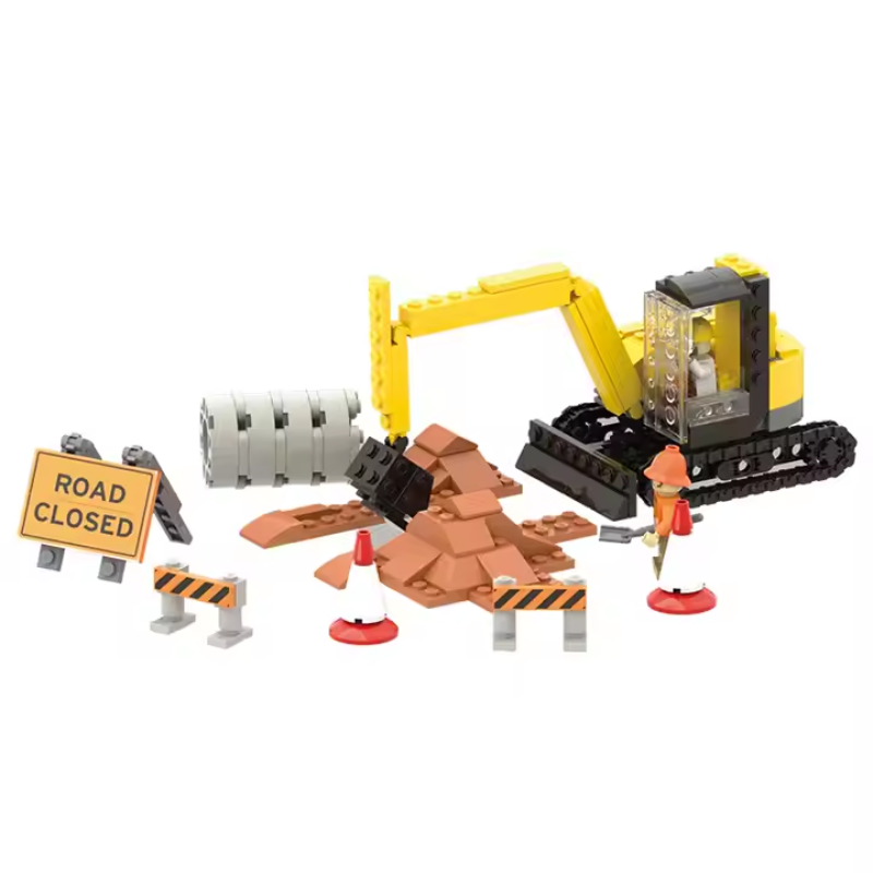 Bricks Box City Road Maintenance set with a LEGO-style digger, mini figure, and construction accessories on a city road scene.