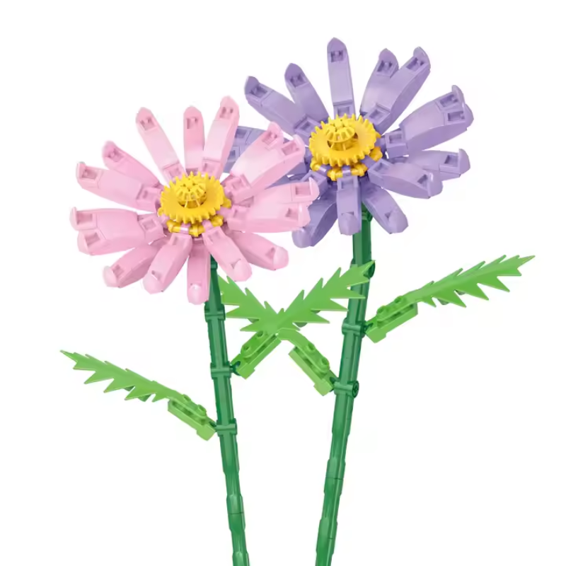 Bricks Box Flowers set with one pink and one purple flower made from LEGO-style bricks, each with detailed petals and green stems.