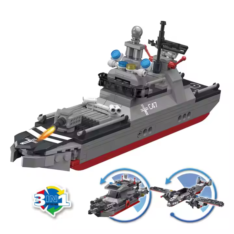 Video still of Bricks Box Creative 3-in-1 set showing LEGO-style aircraft carrier, naval ship, and spy plane being built and displayed.
