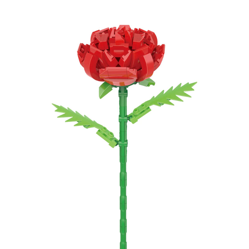 Bricks Box Flowers red rose made from LEGO-style bricks with detailed layered petals and a long green stem.