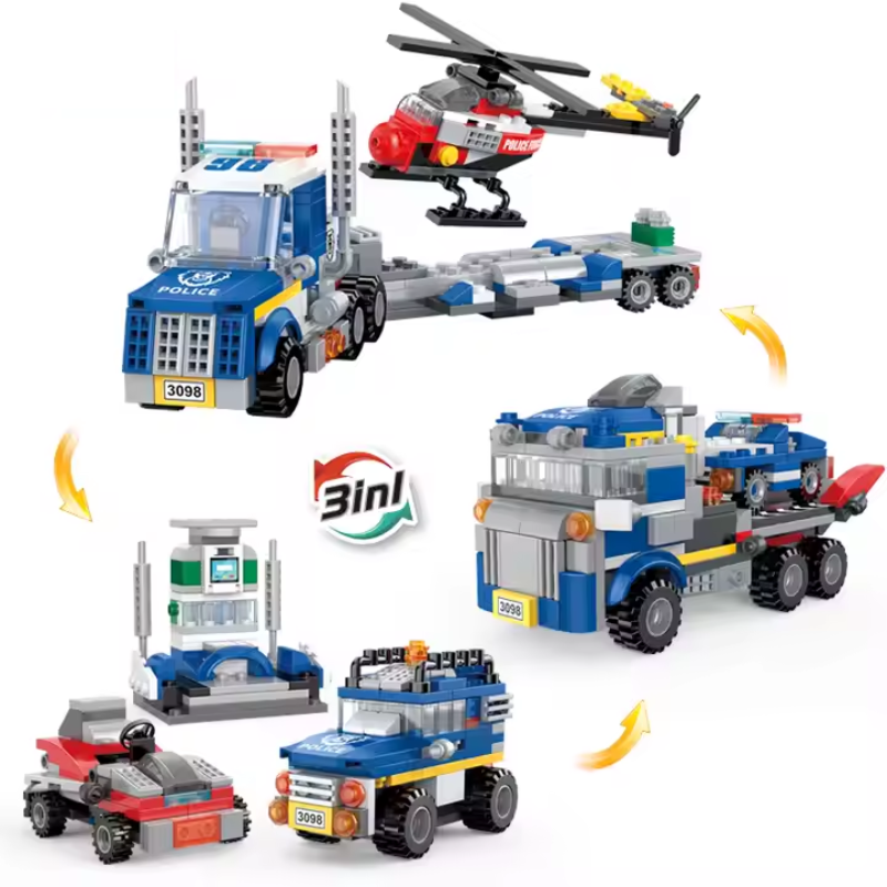 LEGO-style Bricks Box set featuring a transport truck, rescue helicopter, and support vehicles on a creative play scene.