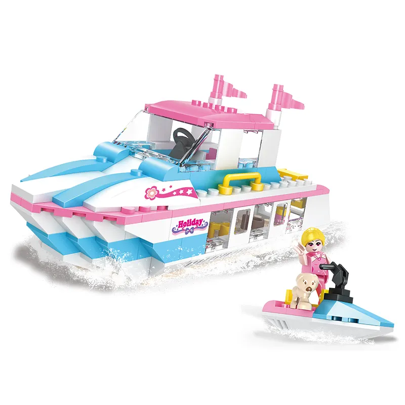Image of the Bricks Box Friends Luxury Yacht and Jetski playset, featuring a colorful yacht and jetski with accessories, built using LEGO-compatible bricks.