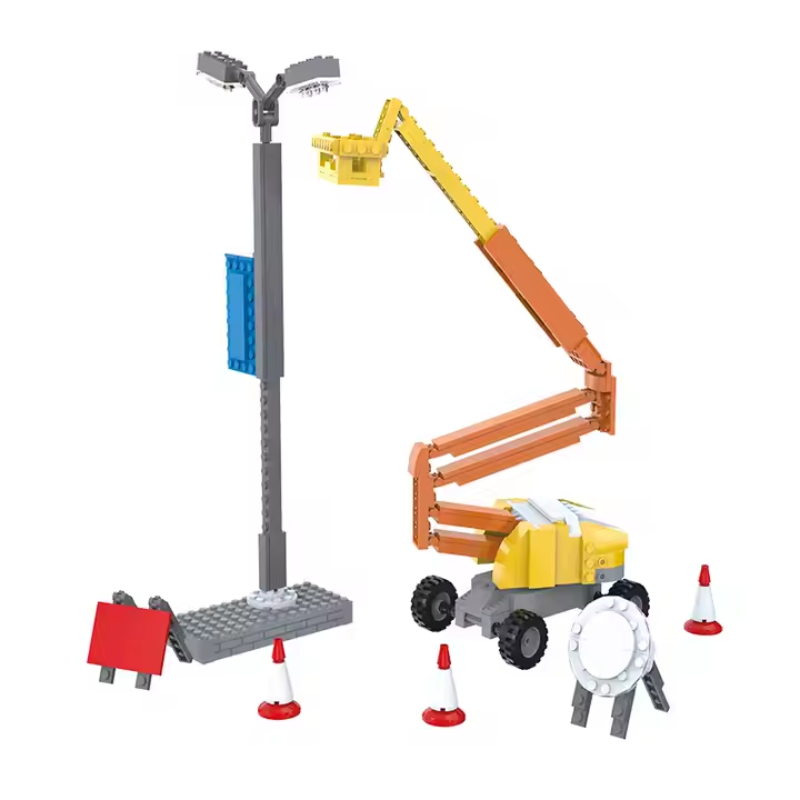 Bricks Box City Street Light Repair set with LEGO-style utility truck, extendable lift, and mini figure working on a streetlight.
