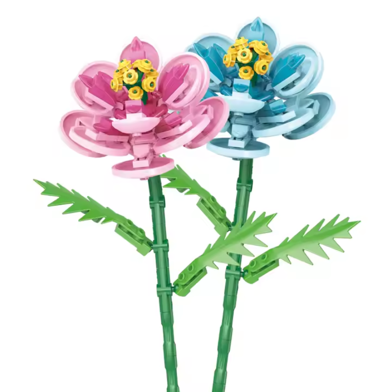 Bricks Box Flowers set featuring two LEGO-style brick flowers in matching pink and blue with detailed petals and green stems.