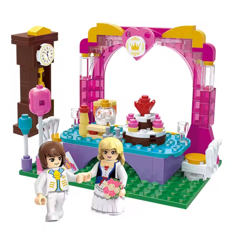Image of the Bricks Box Friends Wedding Scene playset, featuring a wedding arch, flowers, and mini characters built using LEGO-compatible bricks.