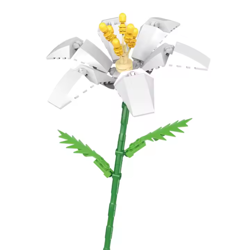 Bricks Box Flowers white lily made from LEGO-style bricks with detailed petals and a long green stem.