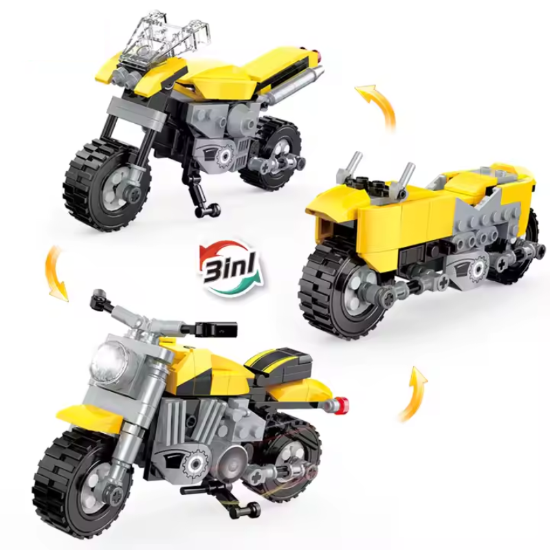 LEGO-style Bricks Box Creative set with three different motorbike builds in various colors and styles.