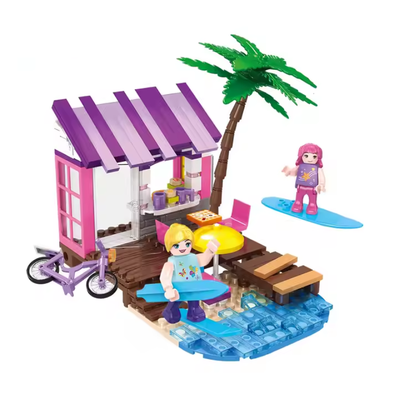 LEGO-style Bricks Box Friends Surf Shack set with mini figures, surfboards, and beach-themed accessories.