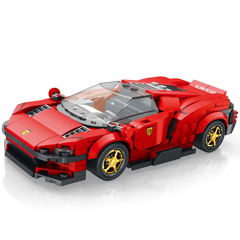 Image of a red brick-built Lamborghini-style supercar from the Bricks Box Supercar Subscription, featuring sleek detailing and LEGO-compatible bricks.