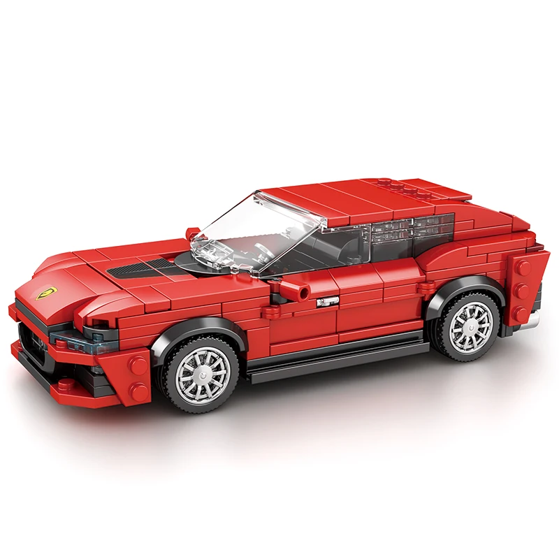 Bricks Box Supercar in bright red, inspired by Ferrari, built from LEGO-style bricks with aerodynamic design and racing details.