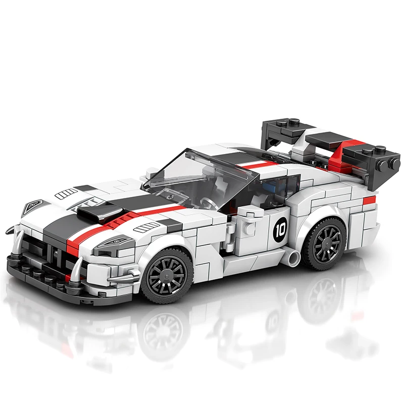 Bricks Box Supercar built from LEGO-style bricks in white, black, and red with a low-profile design and aerodynamic features.