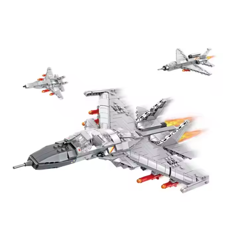 Bricks Box Pro Build 4-in-1 fighter jet set made from LEGO-style bricks, featuring multiple jet builds with wings, engines, and cockpit detail.