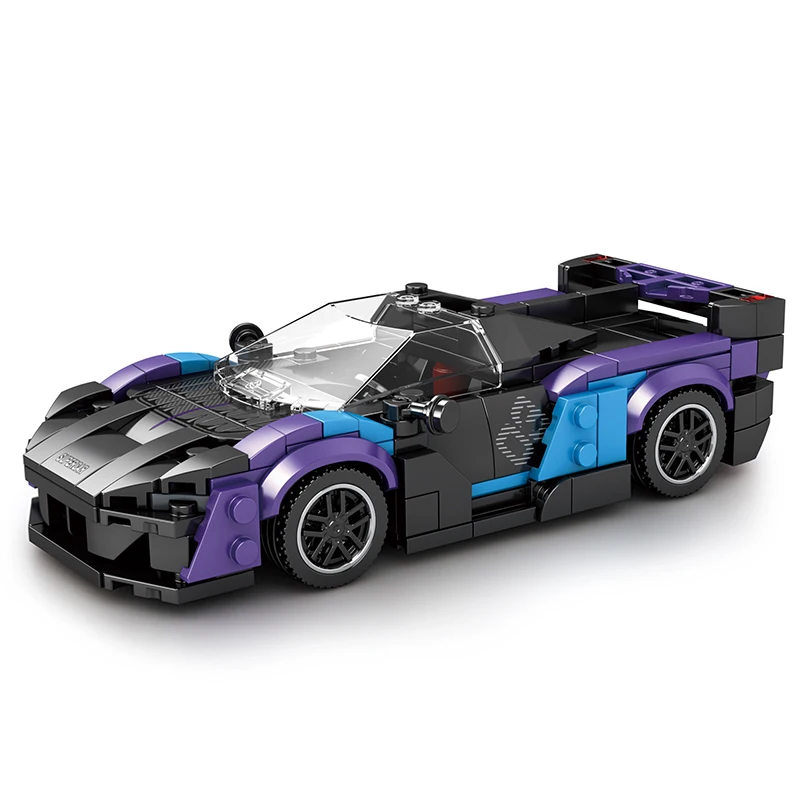 Image of a black and purple brick-built sportscar from the Bricks Box Supercar Subscription, featuring sleek curves and detailed design using LEGO-compatible bricks.