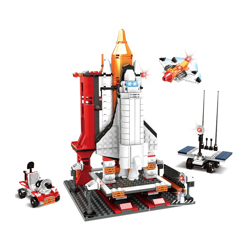 Bricks Box Pro Build rocket on a LEGO-style launch pad with support structure, detailed bricks, and liftoff-ready design.