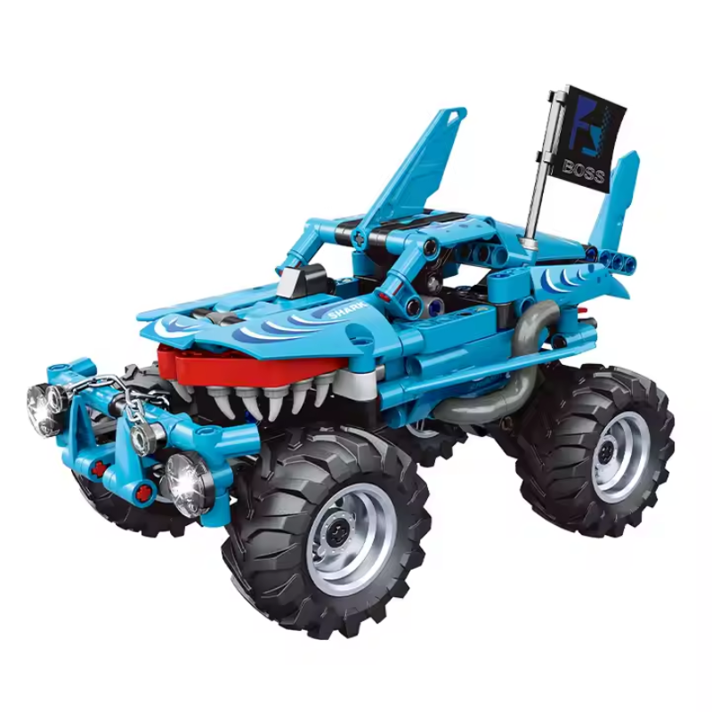 Bricks Box Pro Build blue monster truck made from LEGO-style bricks with large wheels, rugged build, and detailed truck body.