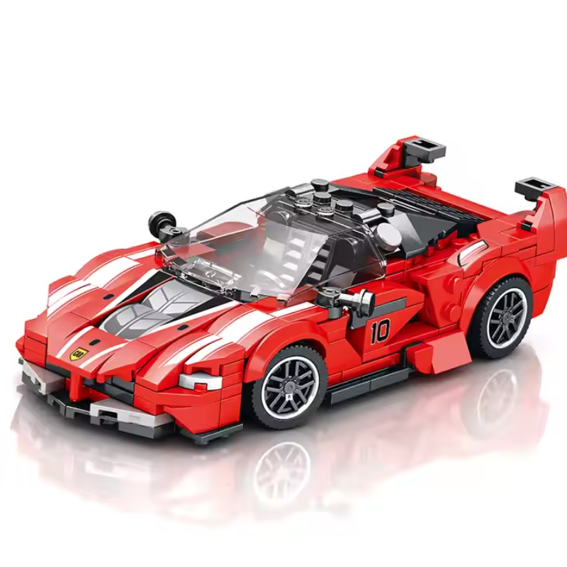 Bricks Box Supercar in classic Ferrari red, built from LEGO-style bricks with sleek curves and racing-inspired details.