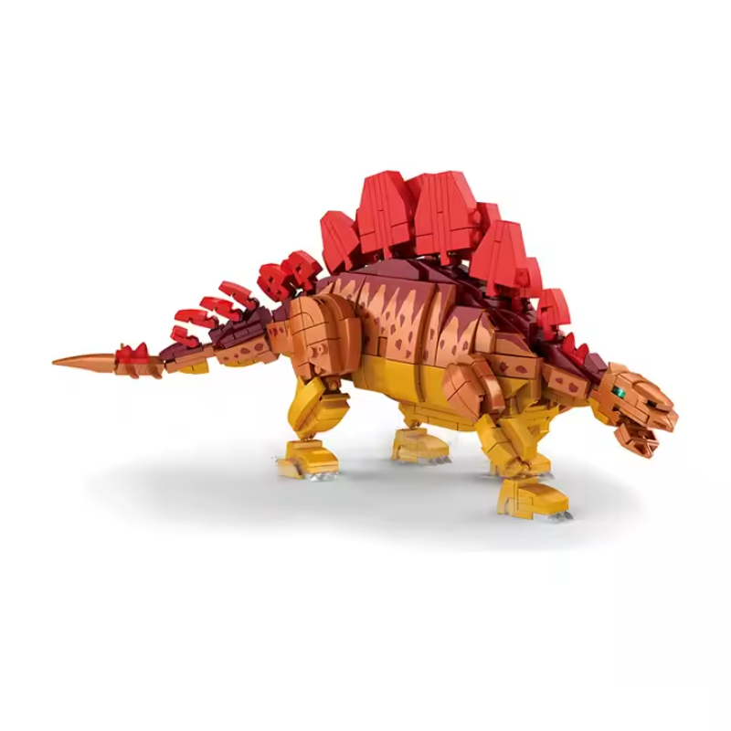 Bricks Box Pro Build Stegosaurus dinosaur made from LEGO-style bricks with detailed plates, tail spikes, and realistic body design.