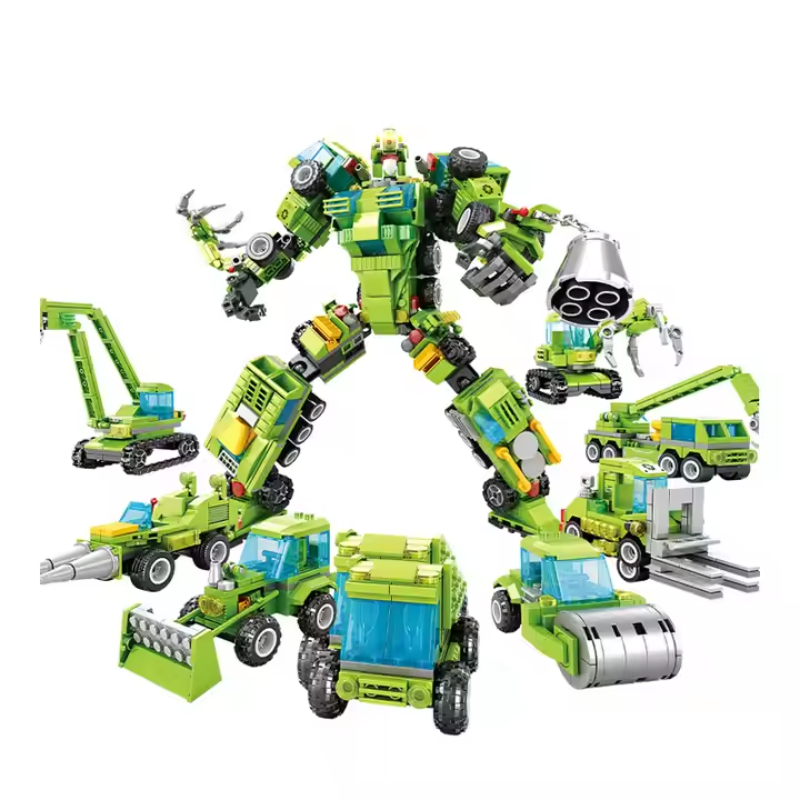 Bricks Box Pro Build Ultimate Transformer set showing multiple LEGO-style builds including a robot and a sleek transforming vehicle
