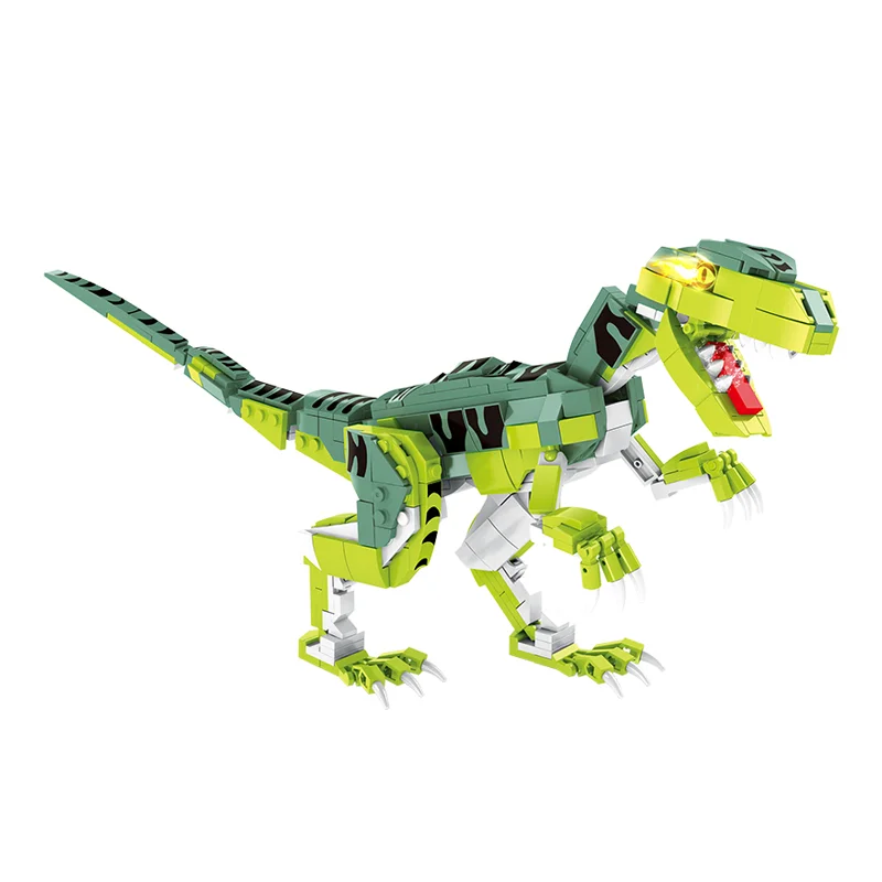 Bricks Box Pro Build Velociraptor dinosaur made from LEGO-style bricks with movable limbs, claws, and detailed features.