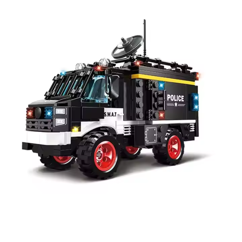 Bricks Box Pro Build SWAT truck made from LEGO-style bricks with armored panels, tactical accessories, and heavy-duty wheels.